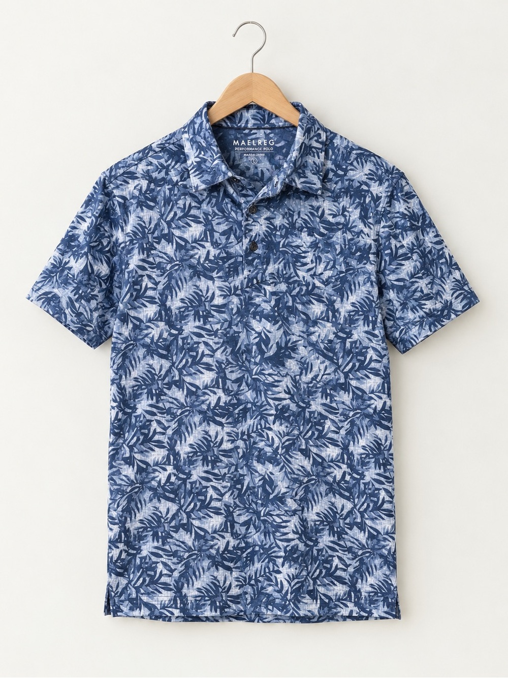 Blue Tropical Leaf Print Polo by MAELREG - Short Sleeve